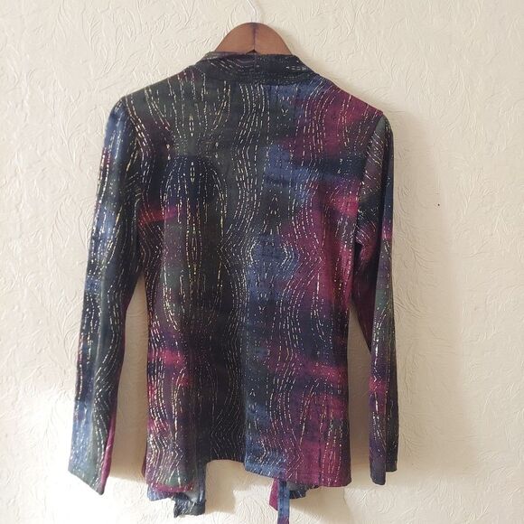 Women's Y2K Gold Textured Knit Open Front Cardigan Green Red Tie Dye Sz Medium - Picture 6 of 10